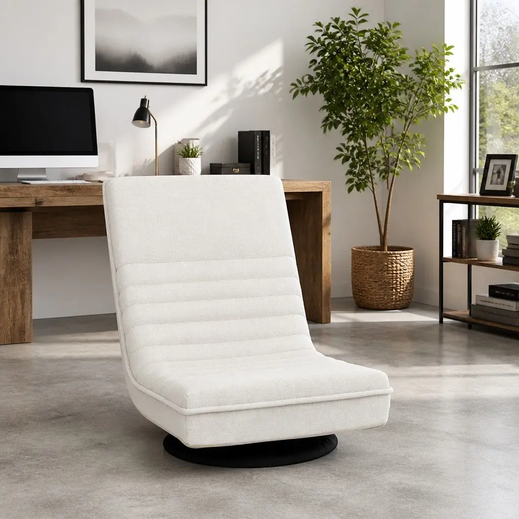 Floor Lounge Sofa Swivel Foldable Recliner Chair White Linen 45cm W x 55cm D x 57cm H