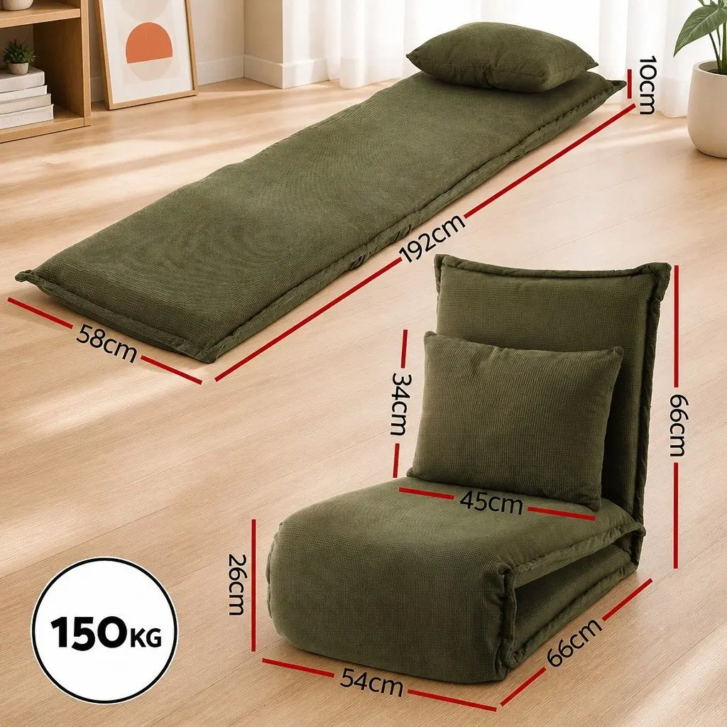 Floor Lounge Sofa Bed Adjustable Foldable Recliner Chair Green Corduroy