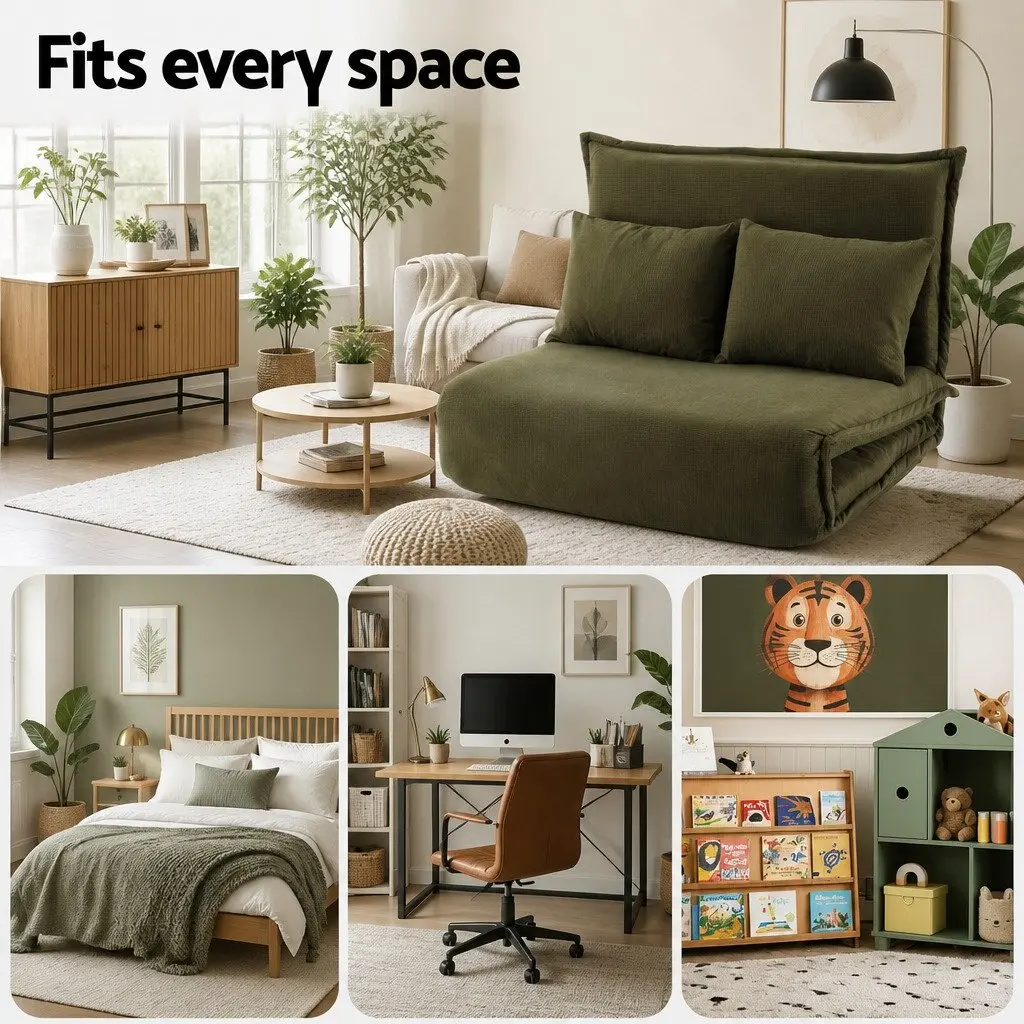 Floor Lounge Sofa Bed 2 Seater Foldable Adjustable Recliner Chair Green Corduroy