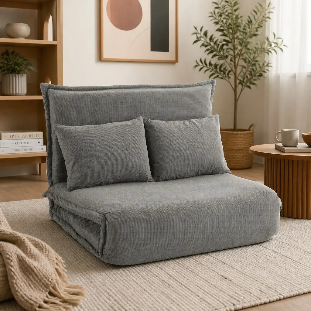 Floor Lounge Sofa Bed Foldable Adjustable 2-Seater Grey Arm Chair