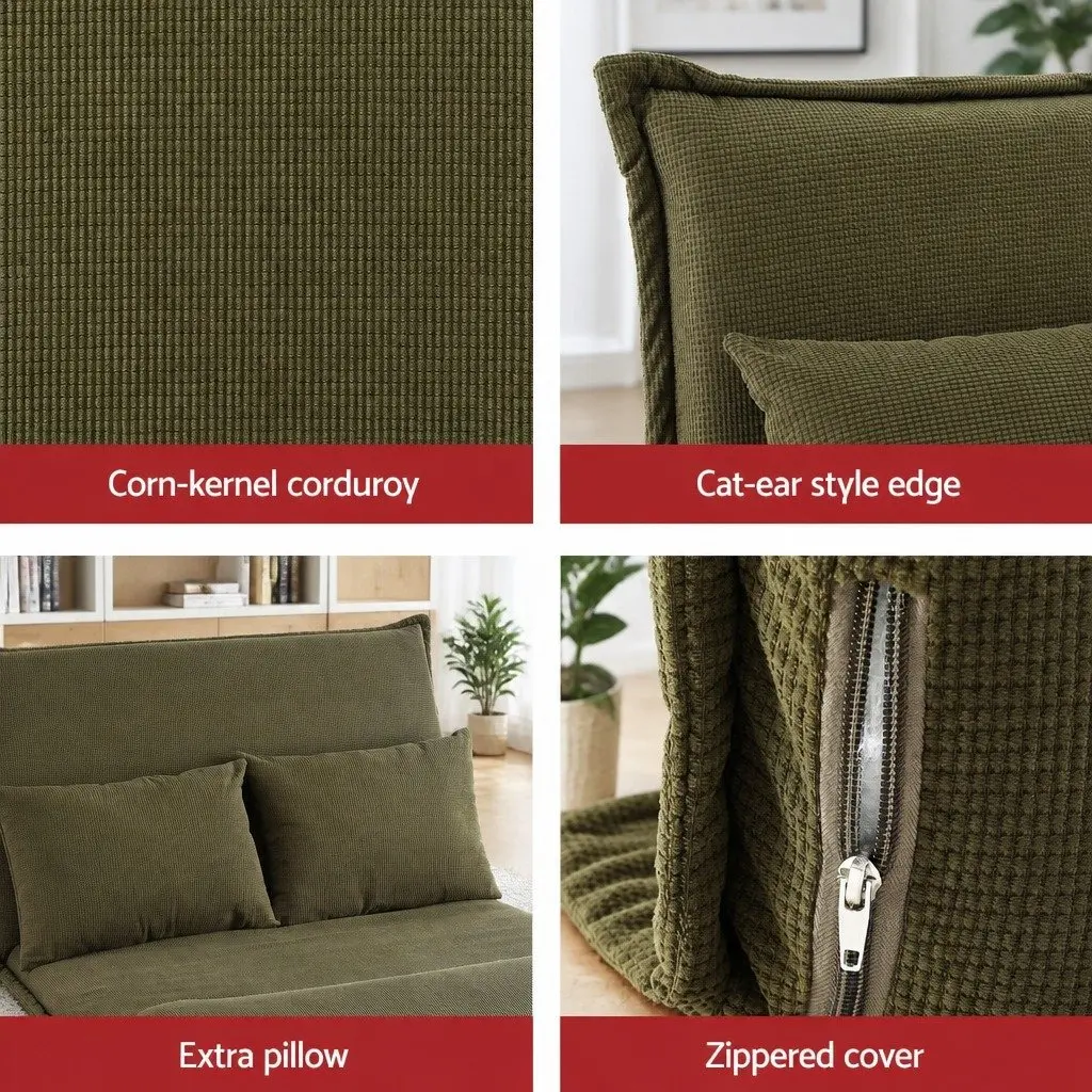 Adjustable Backrest Floor Lounge Sofa Bed Chair in Green Corduroy with C-Shaped Marble Effect Side Table