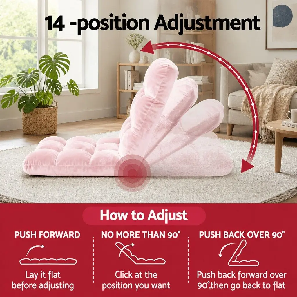 Floor Lounge Sofa Chair Adjustable Recliner 14 Positions Foldable Pink