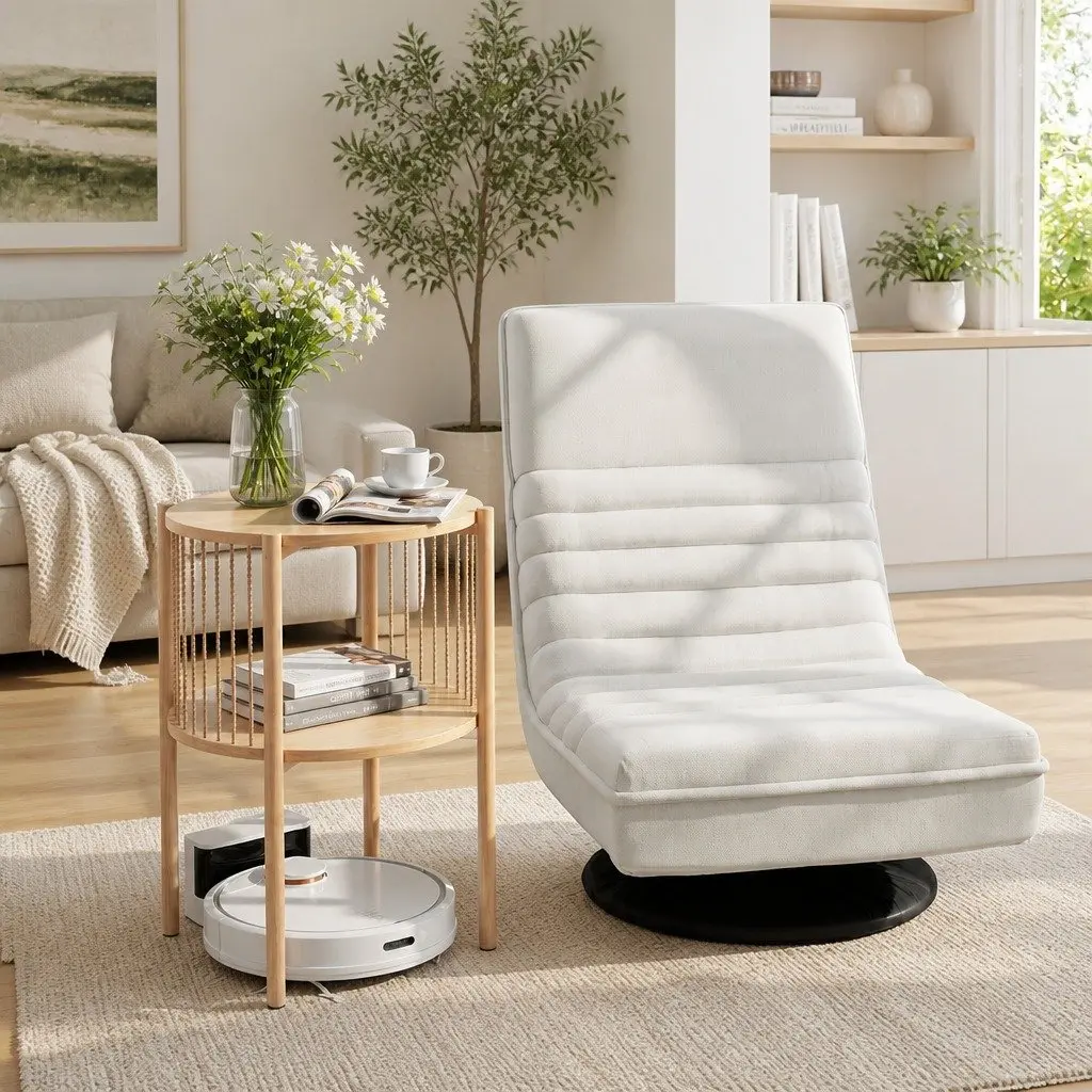 Floor Lounge Chair Folding Swivel with 2 Tier Round Side Table Bundle White Pine