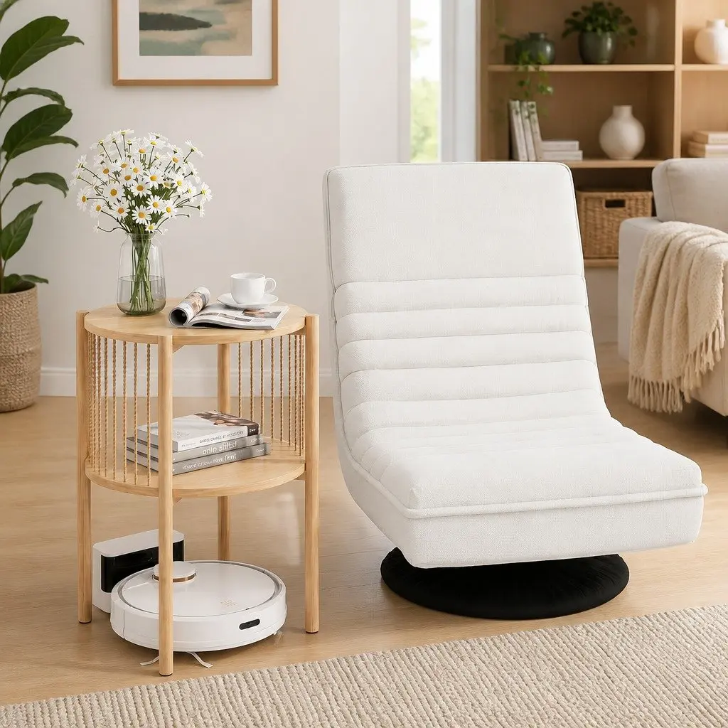 Floor Lounge Chair Folding Swivel with 2 Tier Round Side Table Bundle White Pine