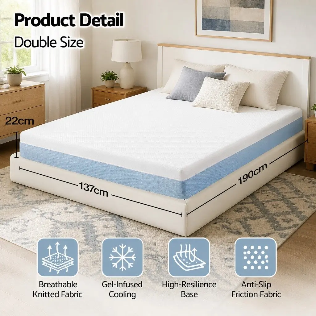 Memory Foam Mattress Cooling Gel 22cm Double Medium Firm Support White Blue