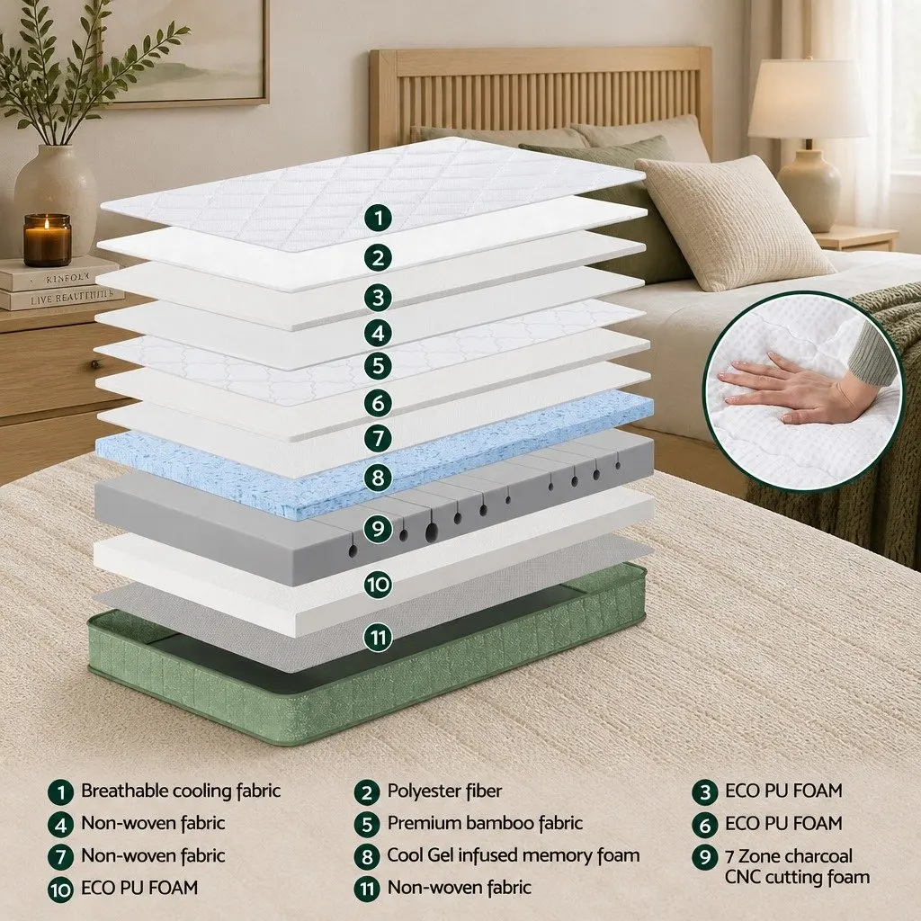 Single Memory Foam Mattress Cooling Gel Charcoal 25cm Zipped Cover Firm Support