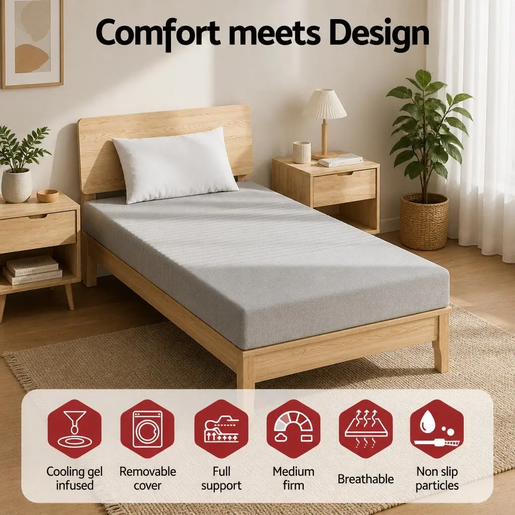 Single Memory Foam Mattress Cool Gel 15cm 7-Zone Support Bamboo Cover Grey
