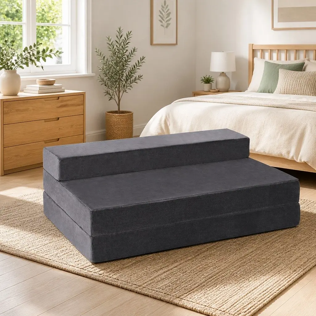 Foldable Foam Mattress Velvet Grey Double Bed Sofa 180 x 122 cm