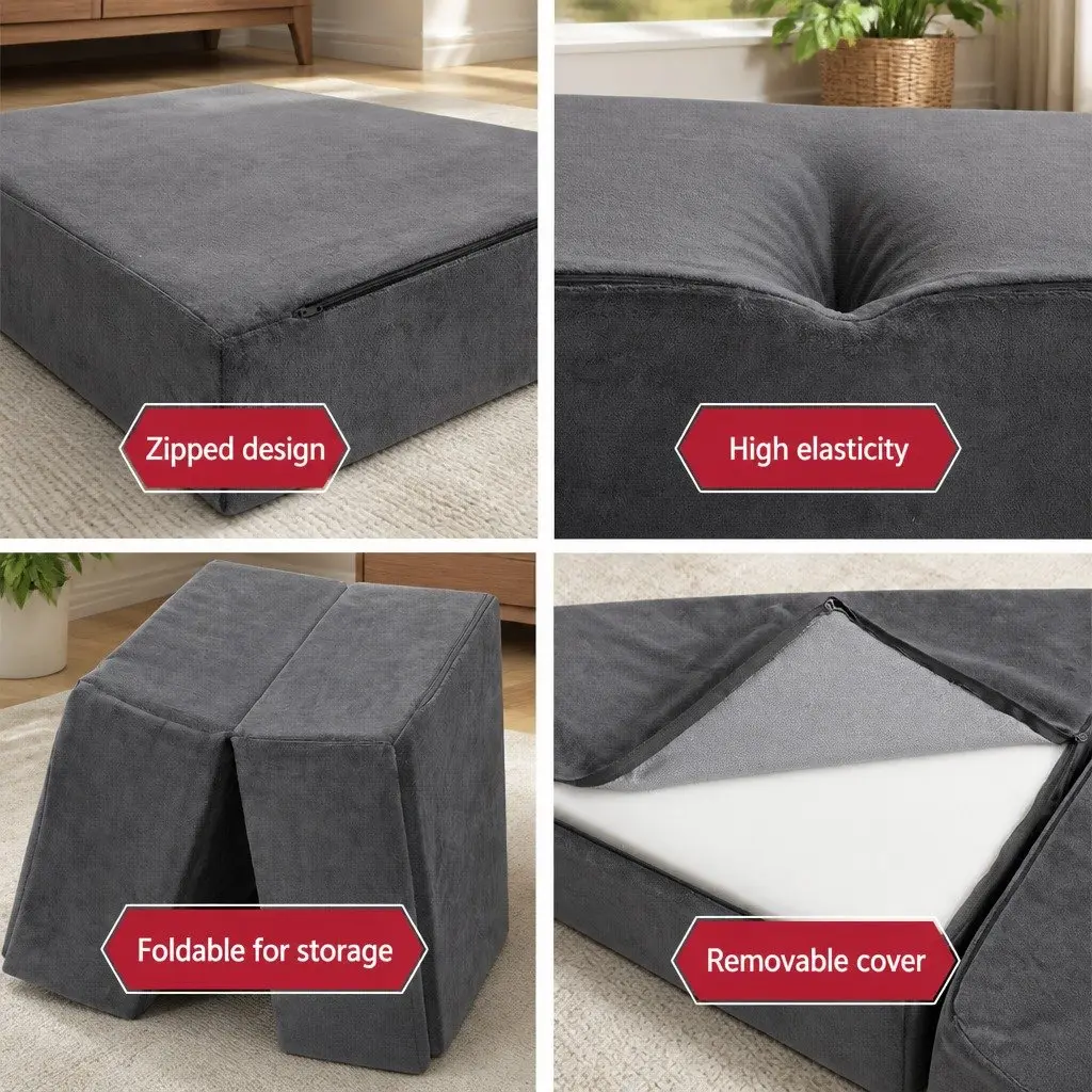 Foldable Foam Mattress Velvet Grey Double Bed Sofa 180 x 122 cm