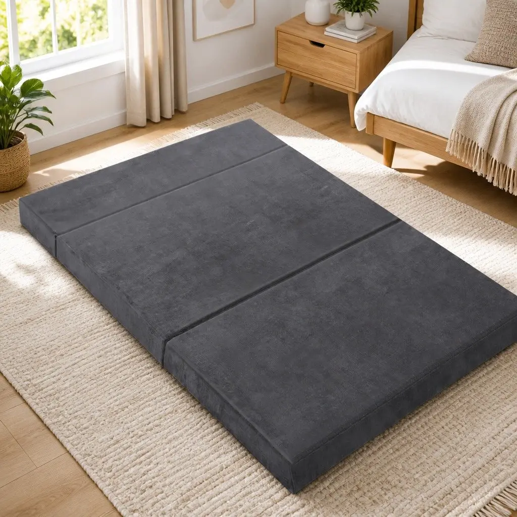 Foldable Foam Mattress Velvet Grey Double Bed Sofa 180 x 122 cm