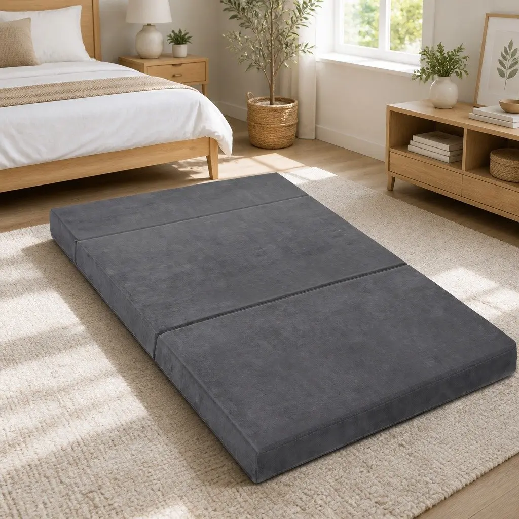 Foldable Foam Mattress Velvet Grey Double Bed Sofa 180 x 122 cm