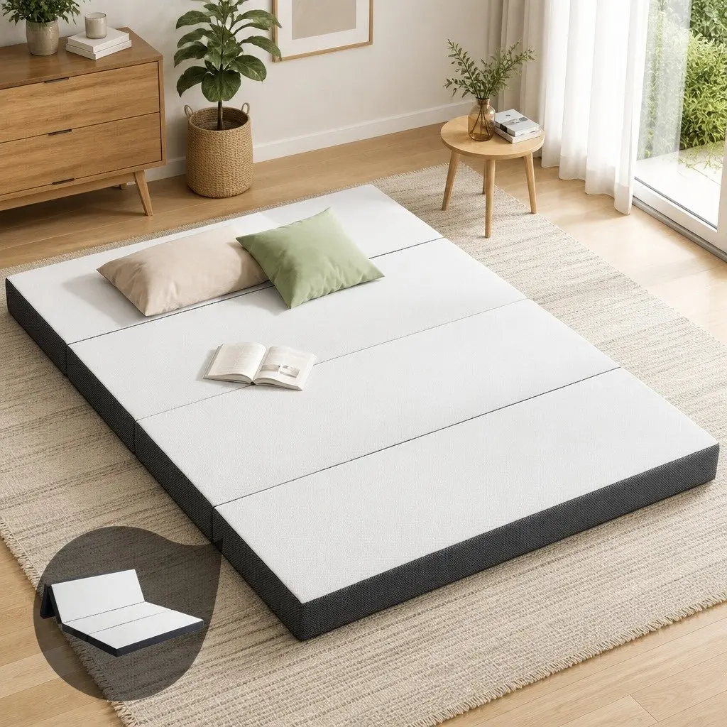 Foldable Foam Mattress Queen Size Folding Bed Bamboo Cover Sofa Lounger Storage