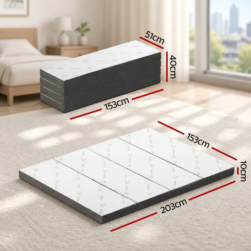 Foldable Foam Mattress Queen Size Folding Bed Bamboo Cover Sofa Lounger Storage