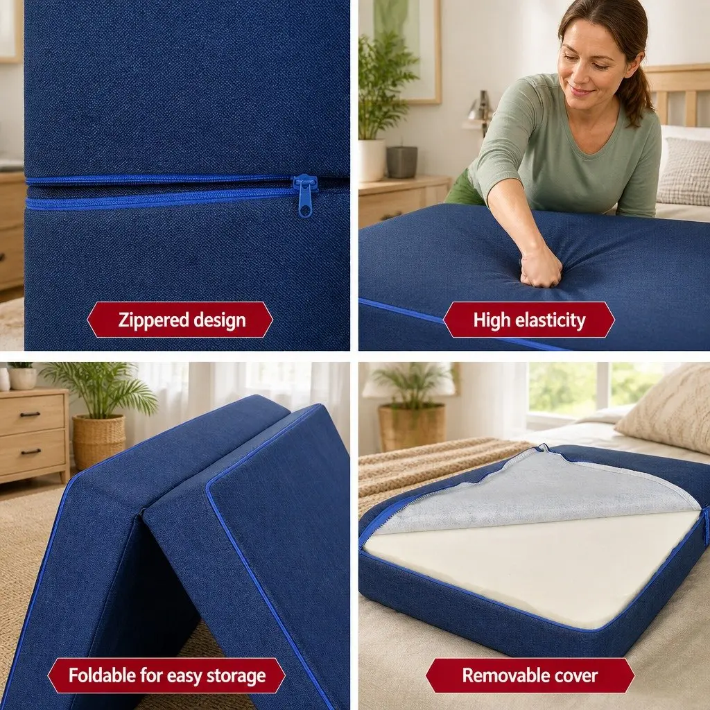 Single Mattress Foldable Foam Bed Chair Sofa Blue 190cm x 79cm x 10cm