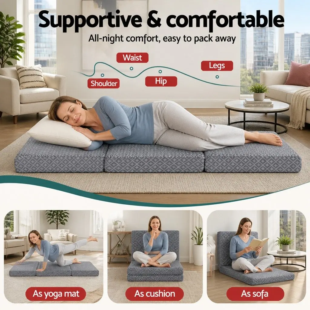 Foldable Memory Foam Mattress Single Trifold Sofa Bed Camping Guest Chair Grey