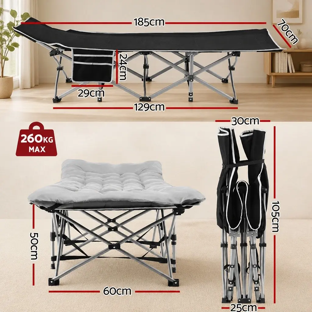 Folding Bed Portable Heavy Duty Grey 185cm