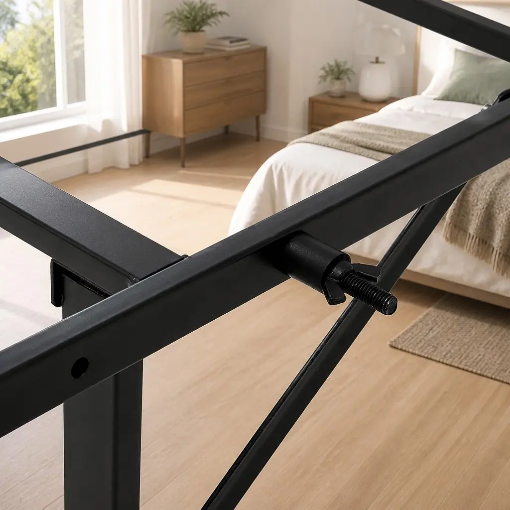 Double Bed Frame Folding Metal Base Black Portable Foldable Storage Bed