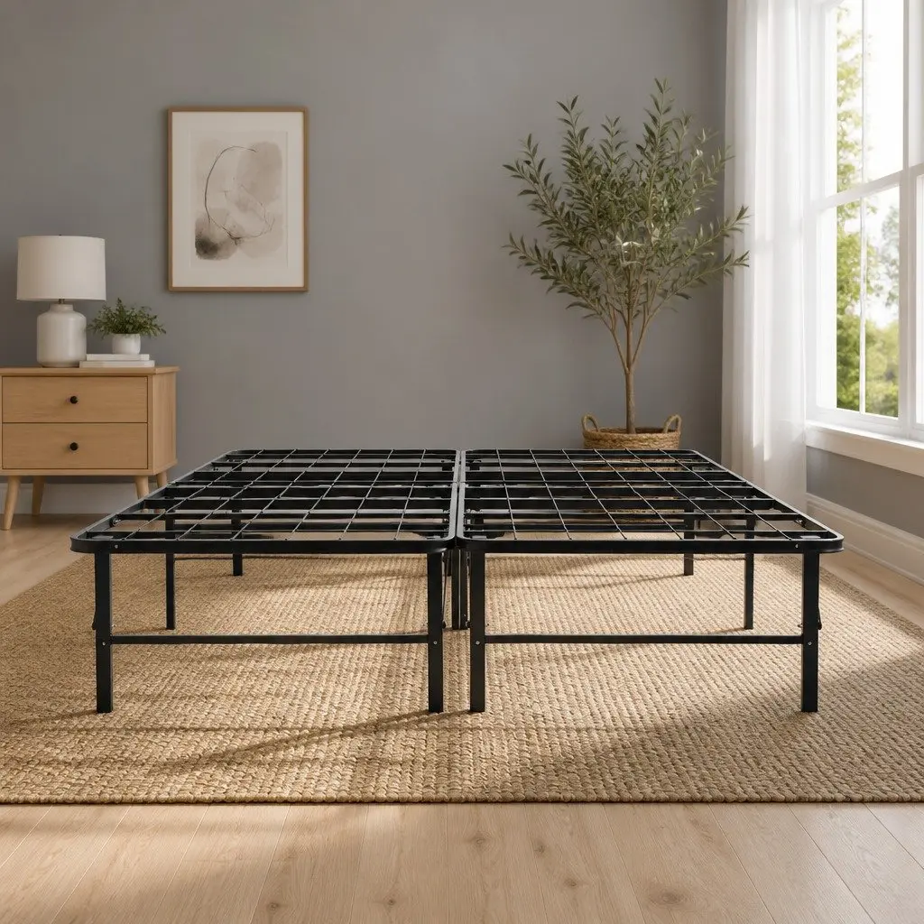 Queen Folding Bed Frame Metal Base Black Storage Under Bed Easy Assembly