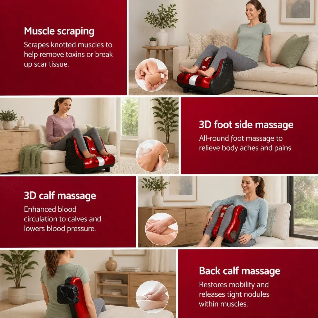 Electric Foot Massager Shiatsu Kneading Roller 360 Degree Red for Ankle Calf Leg Massage Chair