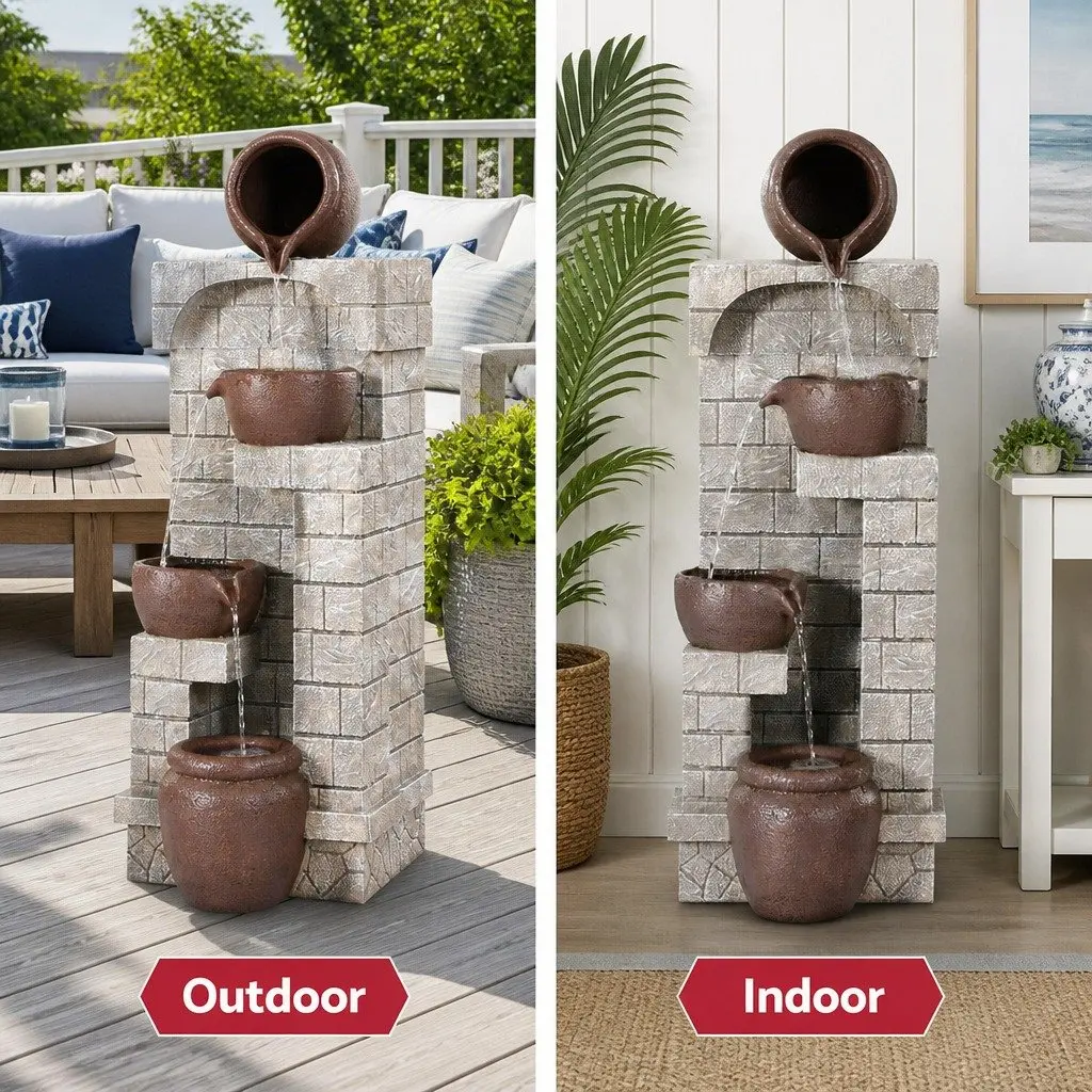 Solar Water Fountain 4-Tier Cascading Outdoor Indoor Feature Brown Polyresin Pot