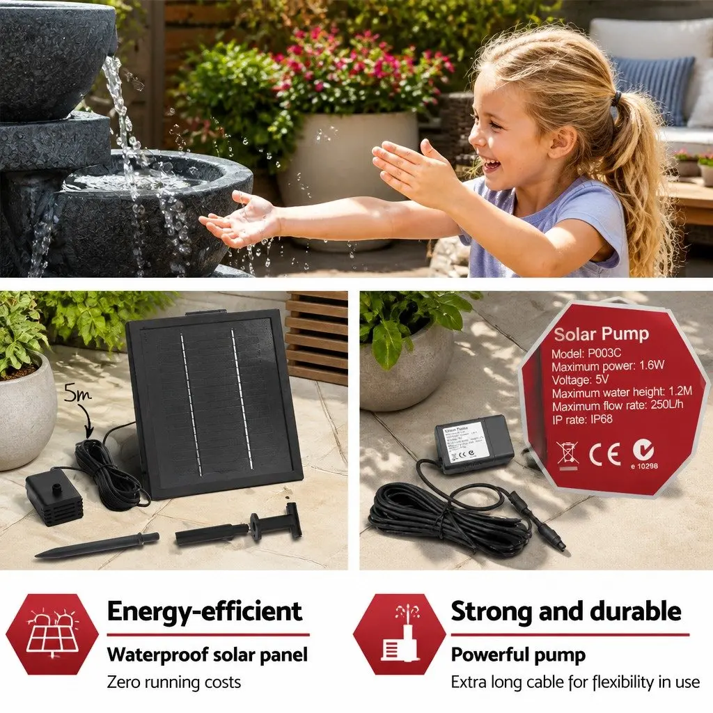 Solar Water Fountain 4-Tier Cascading Bowl LED Lights 72CM Blue Outdoor Garden