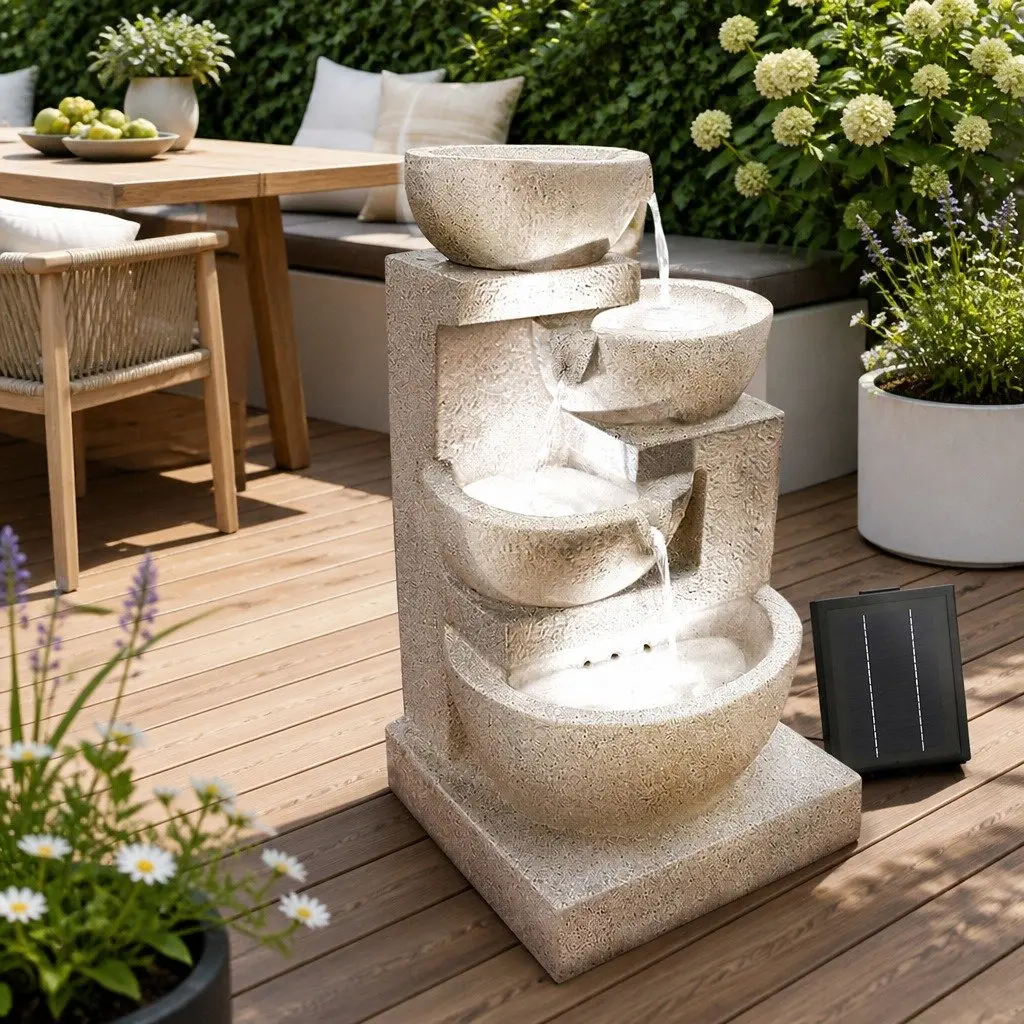 Solar Water Fountain Four-Tier Cascading LED Feature 72CM Height Sand Garden Decor