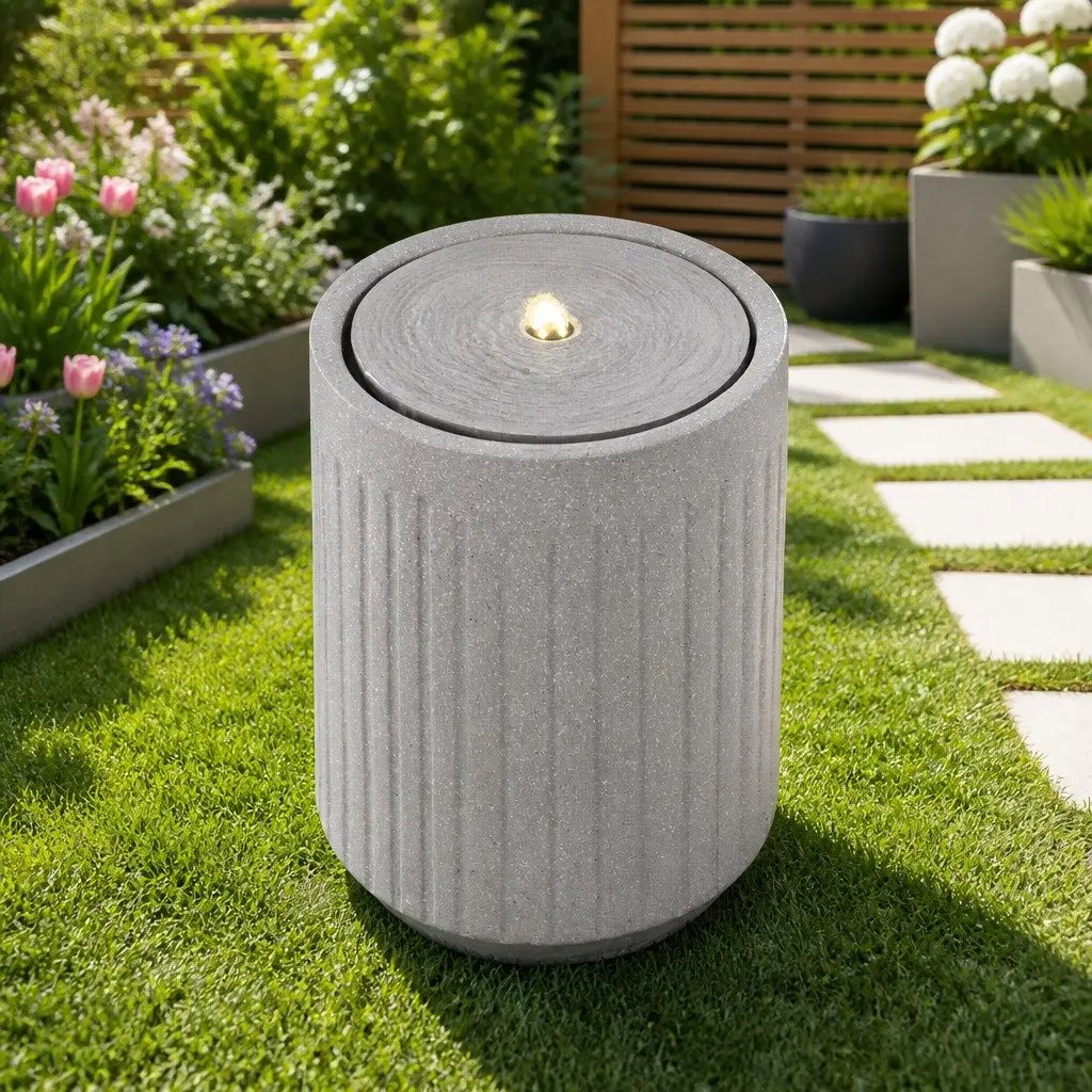 Solar Fountain Water Feature Beige 36 x 36 x 50.5 cm with LED Lights for Outdoor Garden