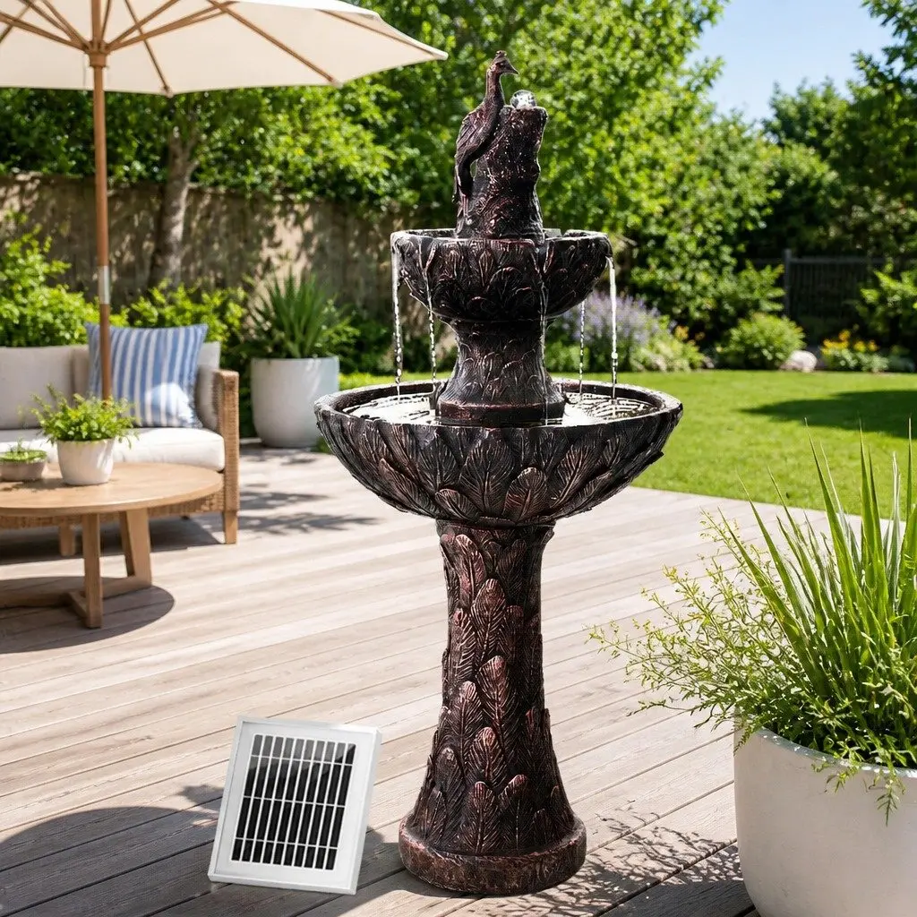 Solar Fountain 3-Tier Cascading Waterfall Bird Bath 106CM Brown Outdoor