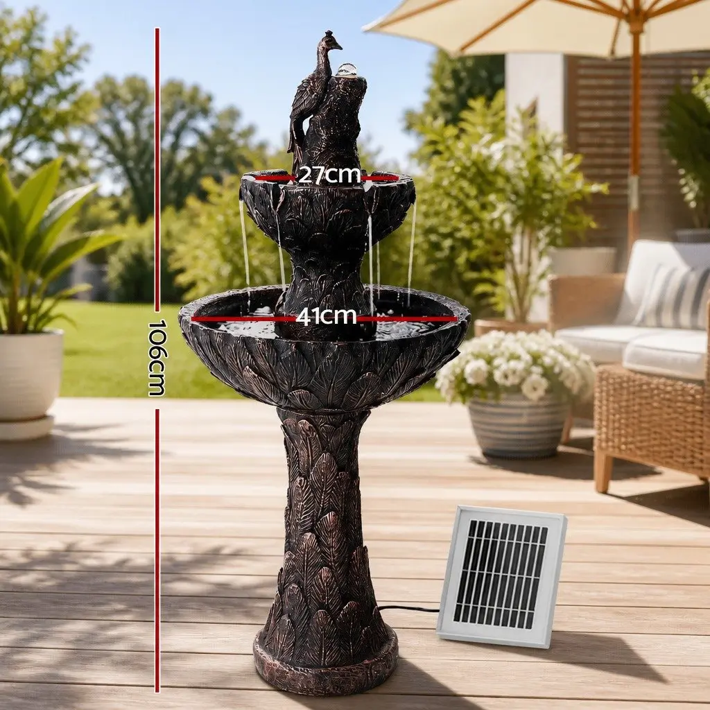 Solar Fountain 3-Tier Cascading Waterfall Bird Bath 106CM Brown Outdoor