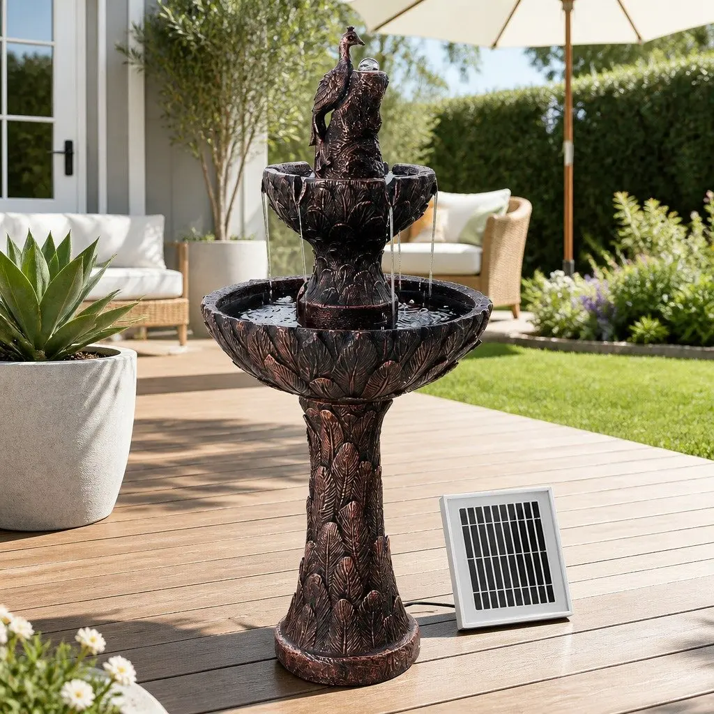 Solar Fountain 3-Tier Cascading Waterfall Bird Bath 106CM Brown Outdoor