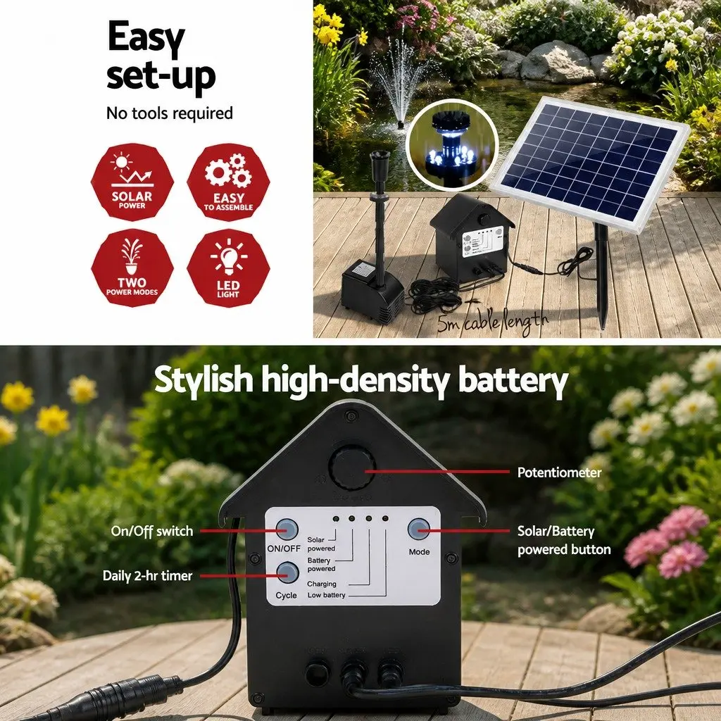 Solar Pond Pump Submersible Water Fountain with LED Lights and Battery Backup 6.6FT Lift