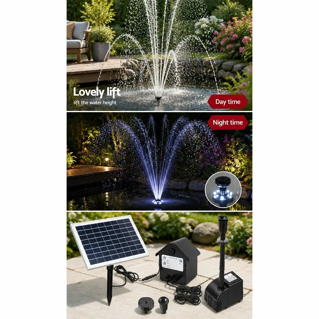 Solar Pond Pump Submersible Water Fountain with LED Lights and Battery Backup 6.6FT Lift