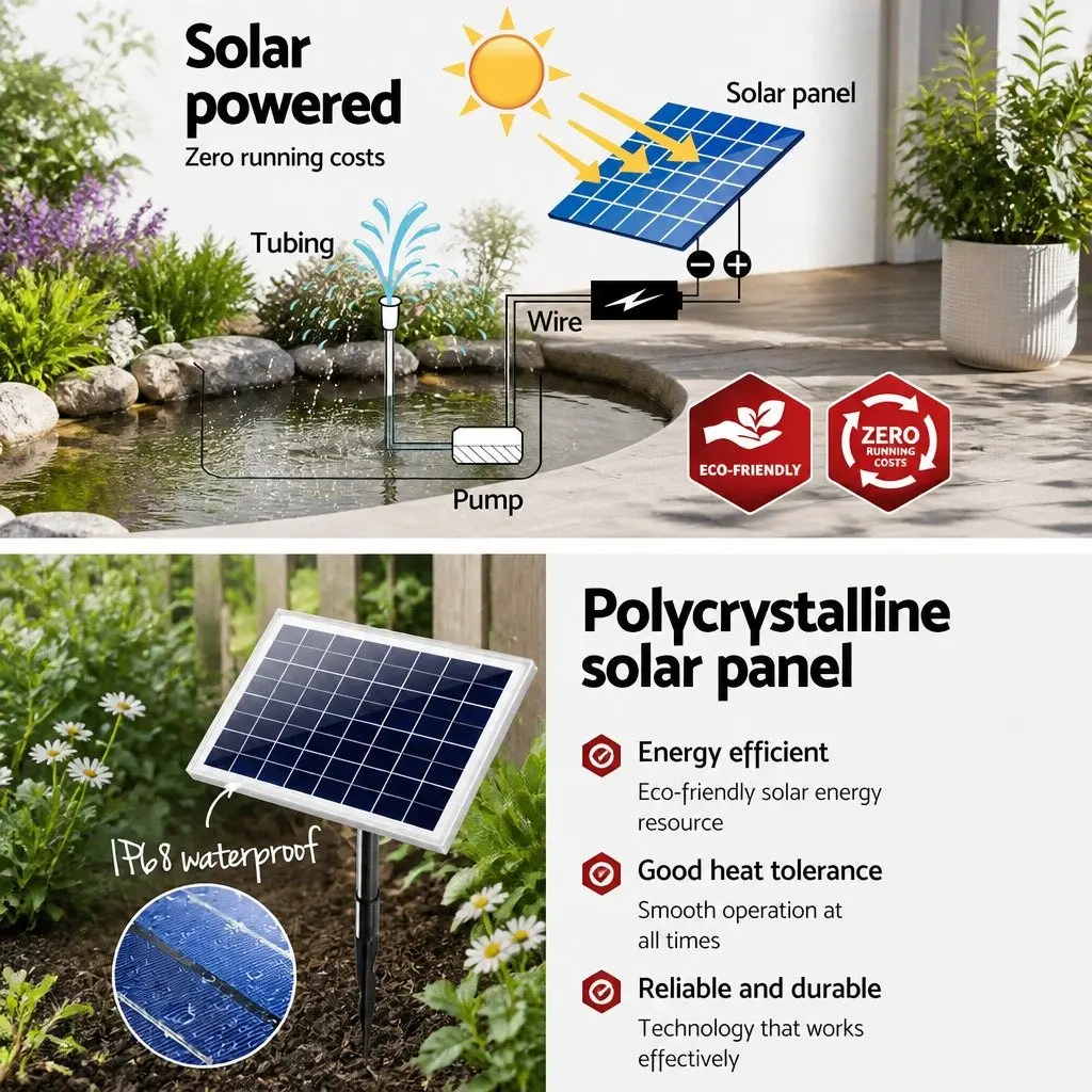 Solar Pond Pump Submersible Water Fountain with LED Lights and Battery Backup 6.6FT Lift