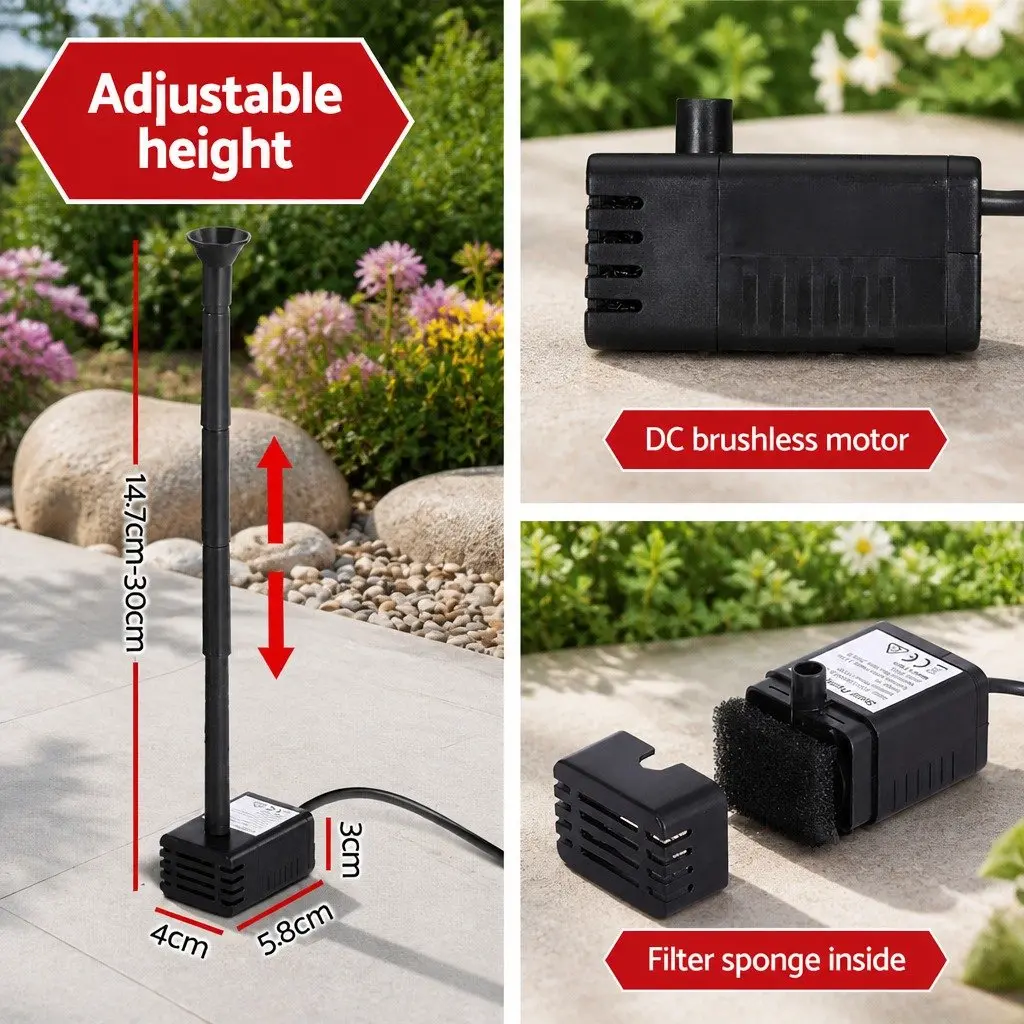 Solar Pond Pump Submersible Water Fountain Kit Adjustable Height 4.4FT
