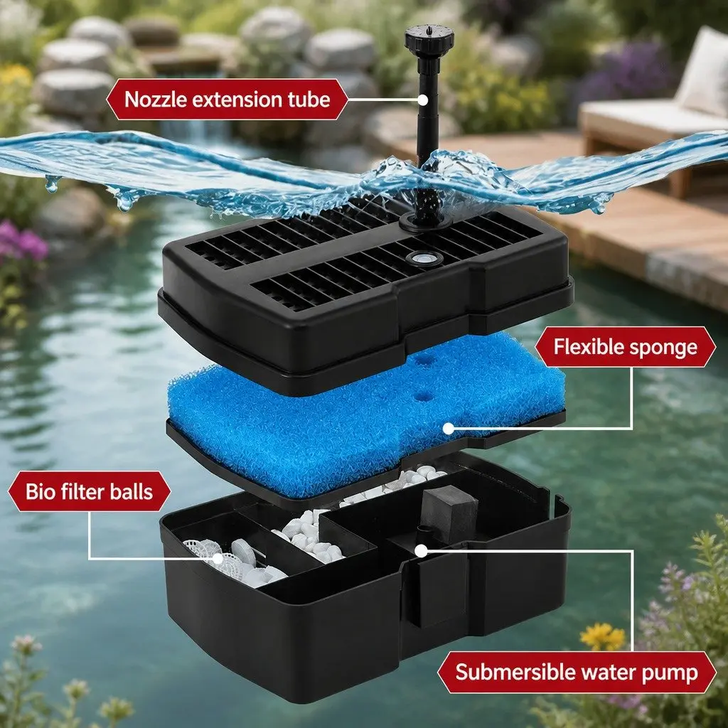 Submersible Solar Water Fountain Pump with Filter Box 4.6FT Black