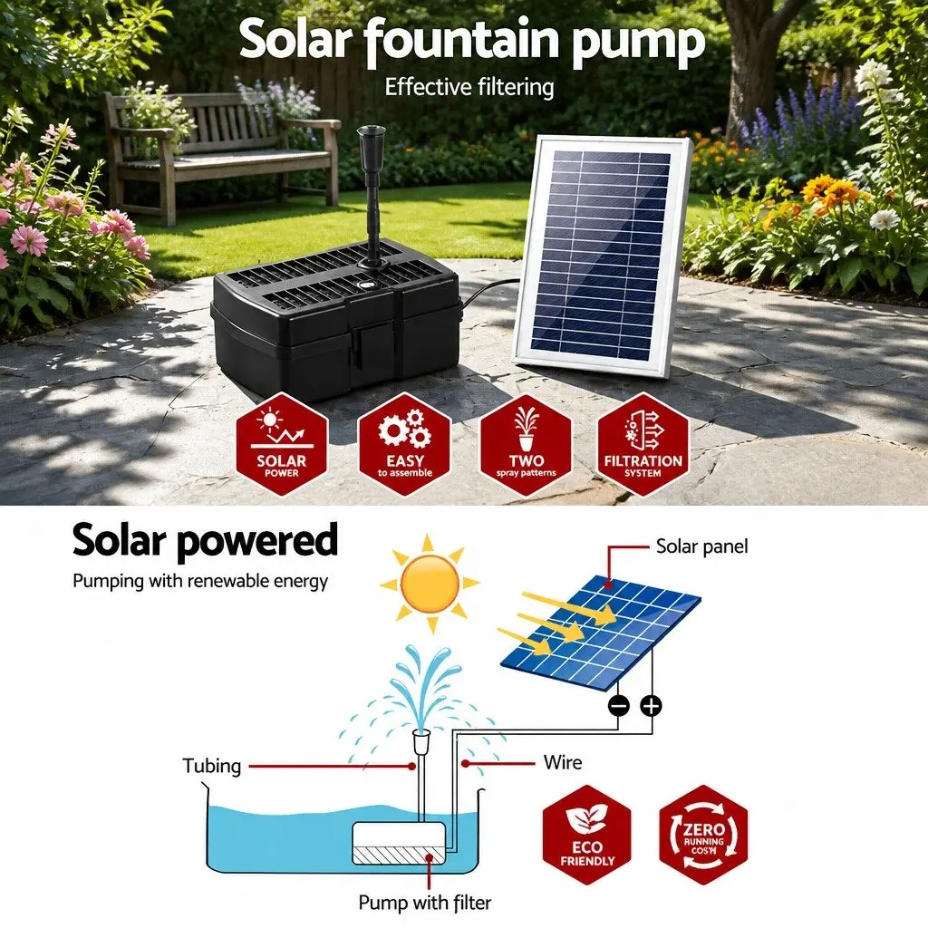 Solar Pond Pump with Filter Box 4.6FT Lift for Garden Water Fountain