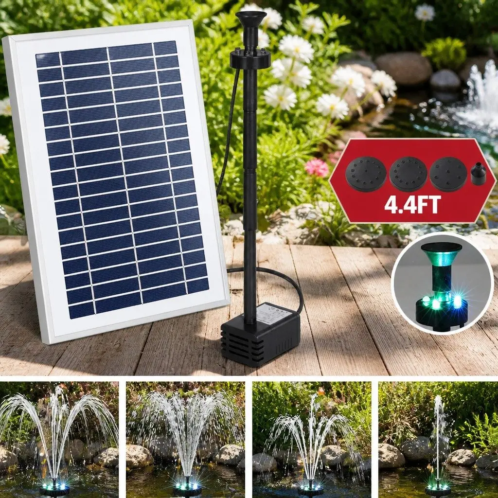 Solar Pond Pump Submersible Fountain with LED Lights 4.4FT Water Height Adjustable