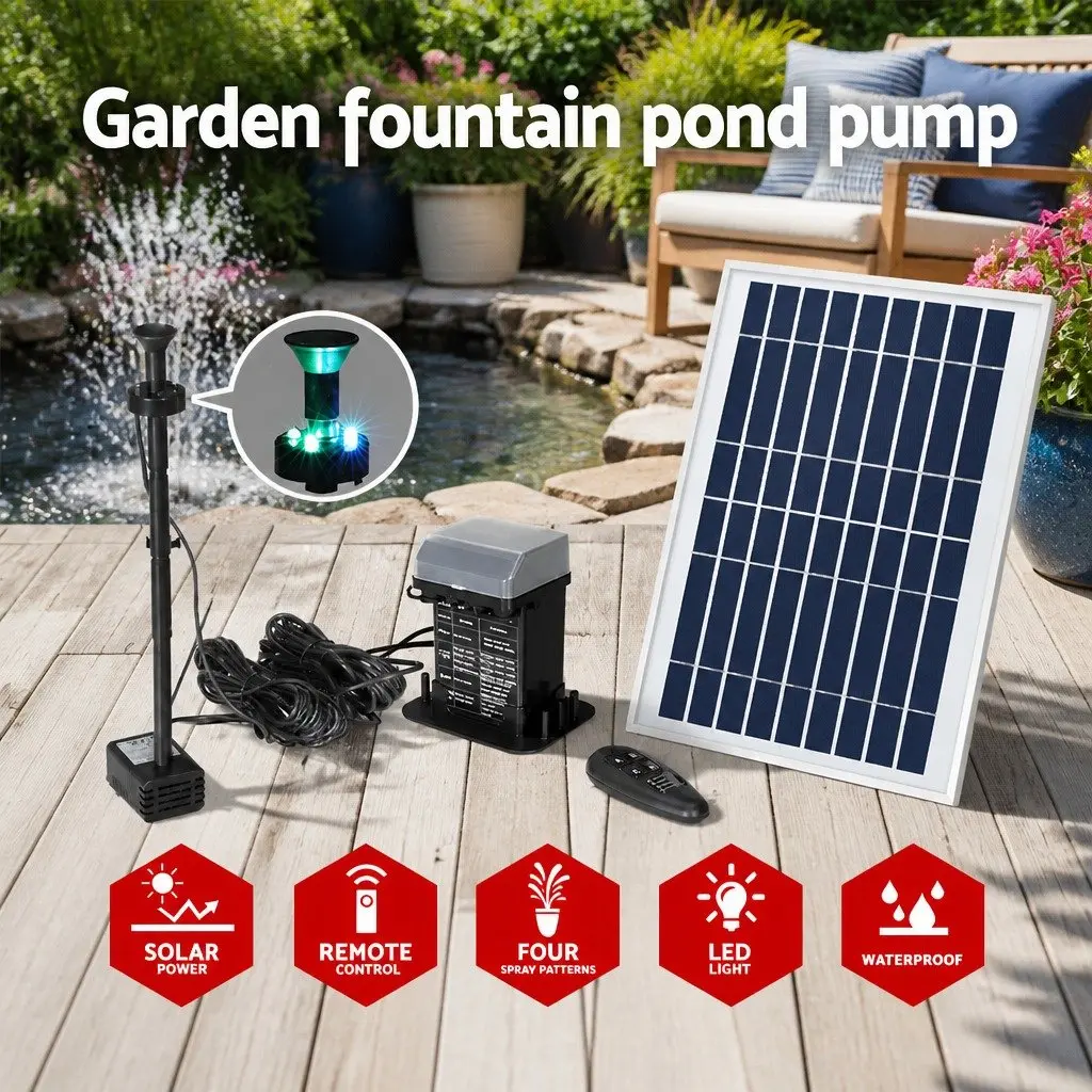 Solar Pond Pump Submersible Fountain Kit with LED Lights 5m Cable