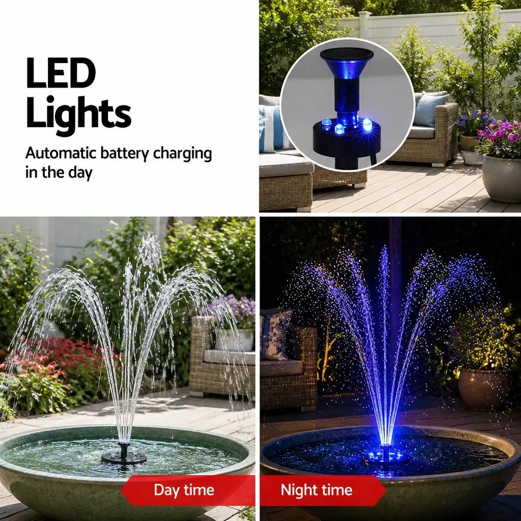 Solar Pond Pump Submersible Fountain Kit with LED Lights 5m Cable