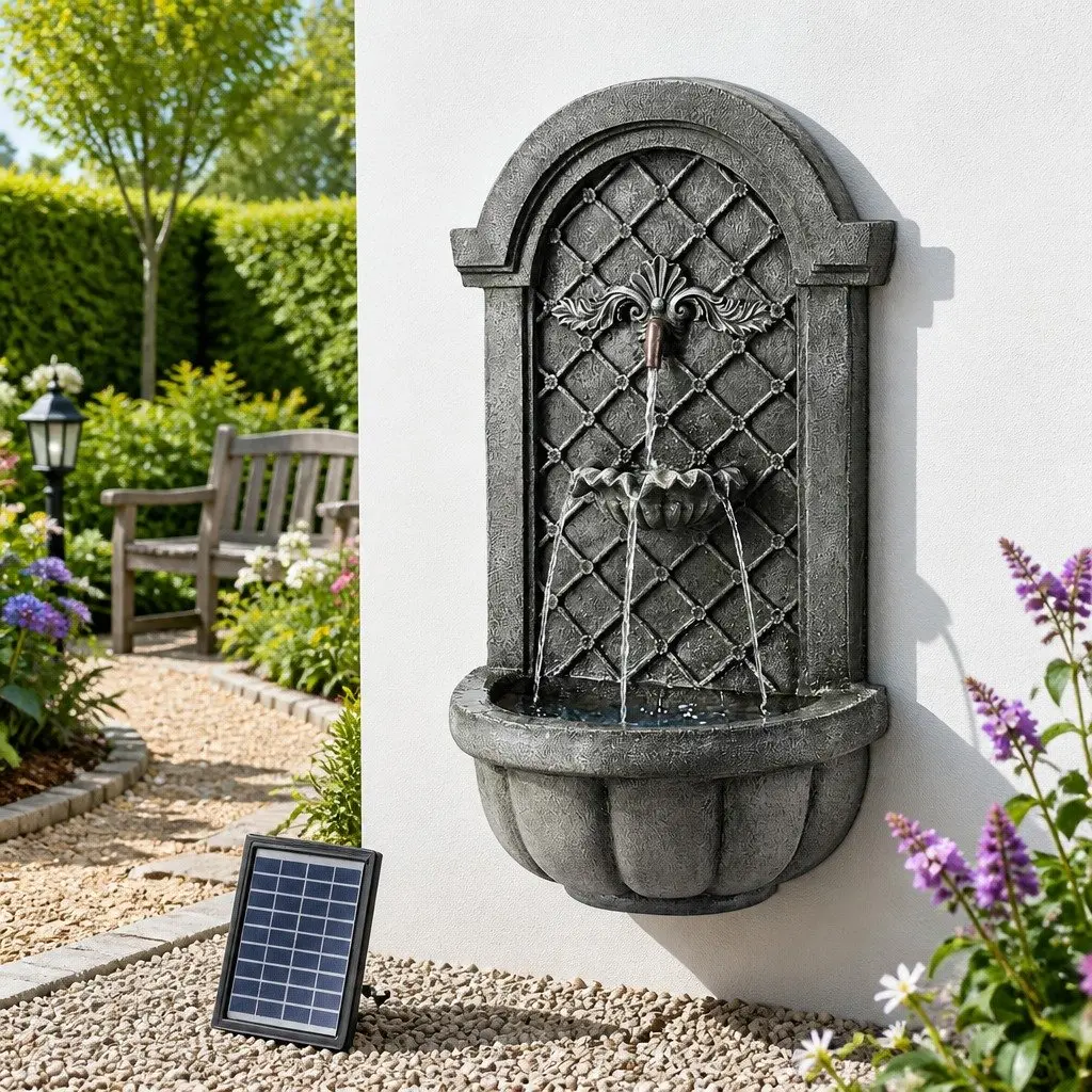 Solar Fountain Wall Mount Garden Water Feature Dark Grey 80CM Height Cascading