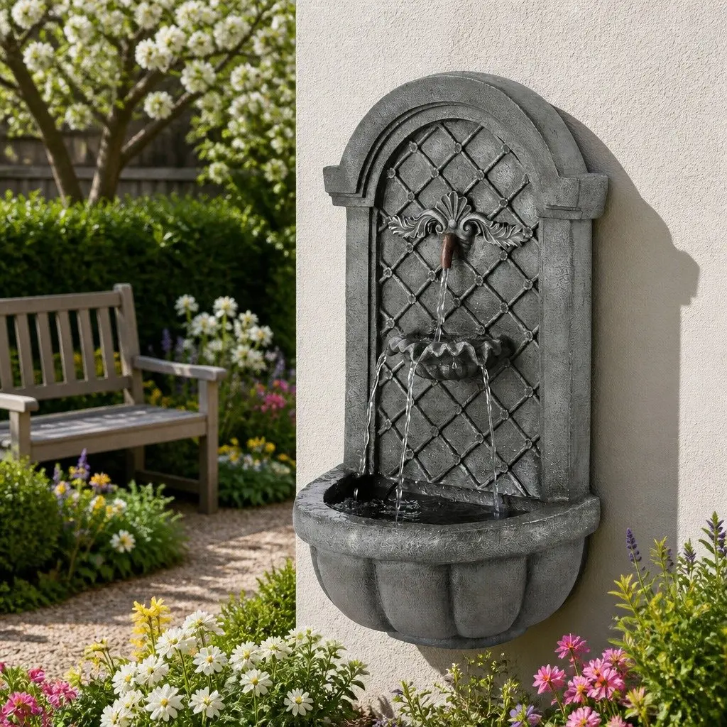 Solar Fountain Wall Mount Garden Water Feature Dark Grey 80CM Height Cascading