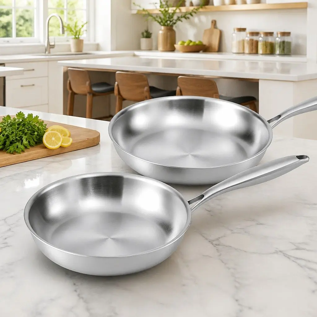 Frying Pan Set Uncoated Stainless Steel 25cm 30cm Tri-Ply Construction Silver
