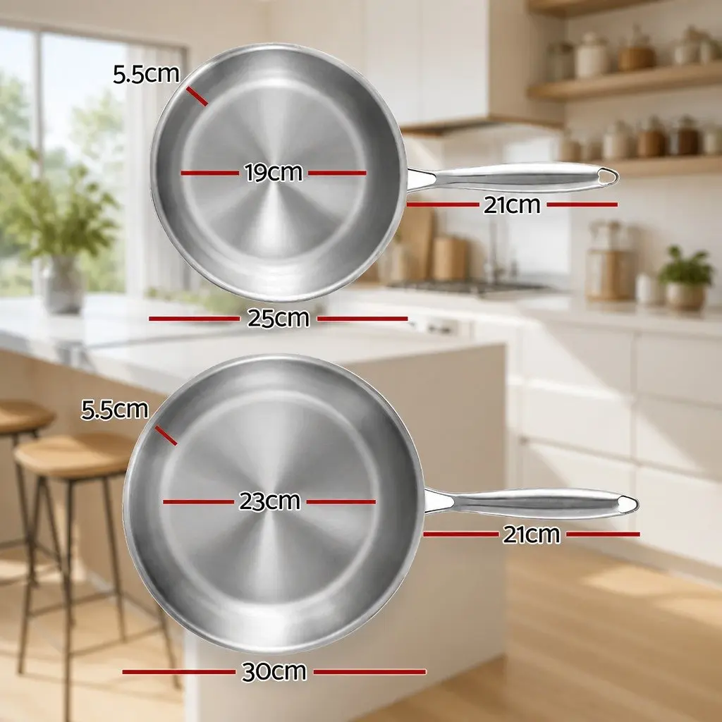 Frying Pan Set Uncoated Stainless Steel 25cm 30cm Tri-Ply Construction Silver