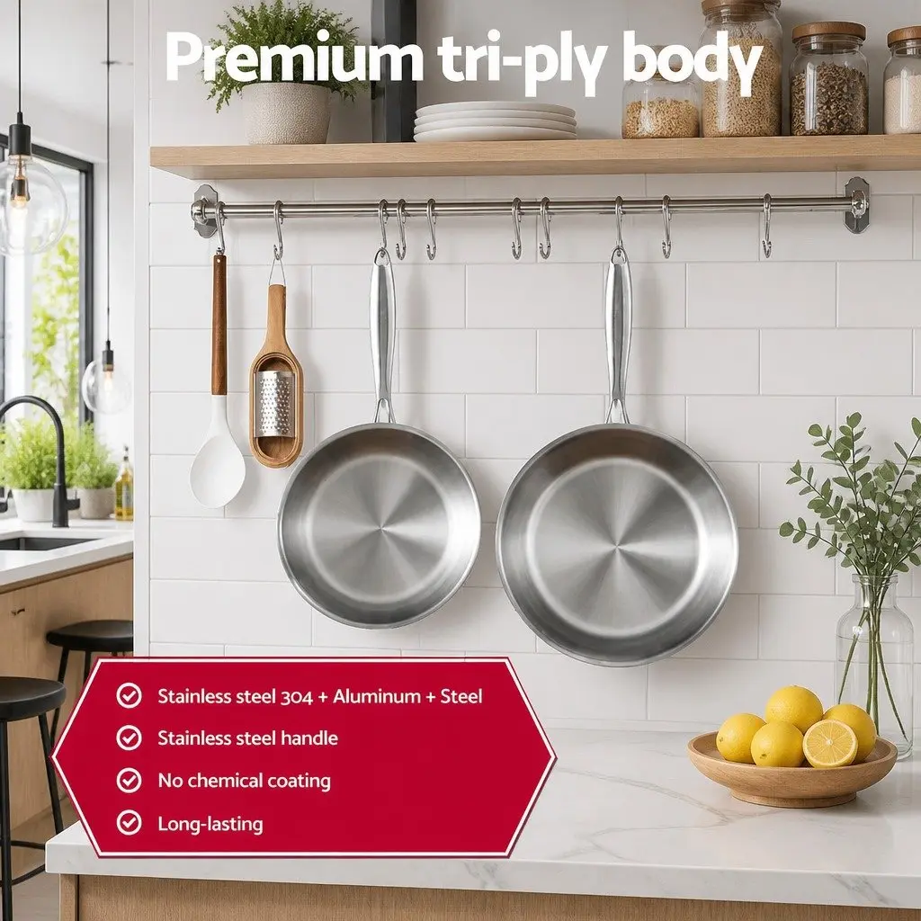 Frying Pan Set Uncoated Stainless Steel 25cm 30cm Tri-Ply Construction Silver
