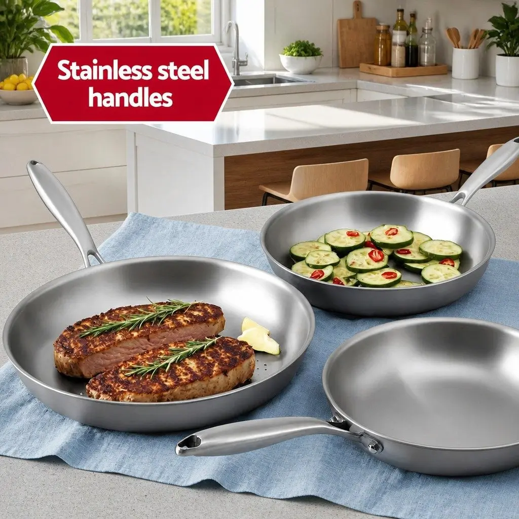 Frying Pan Set Uncoated Stainless Steel 25cm 30cm Tri-Ply Construction Silver