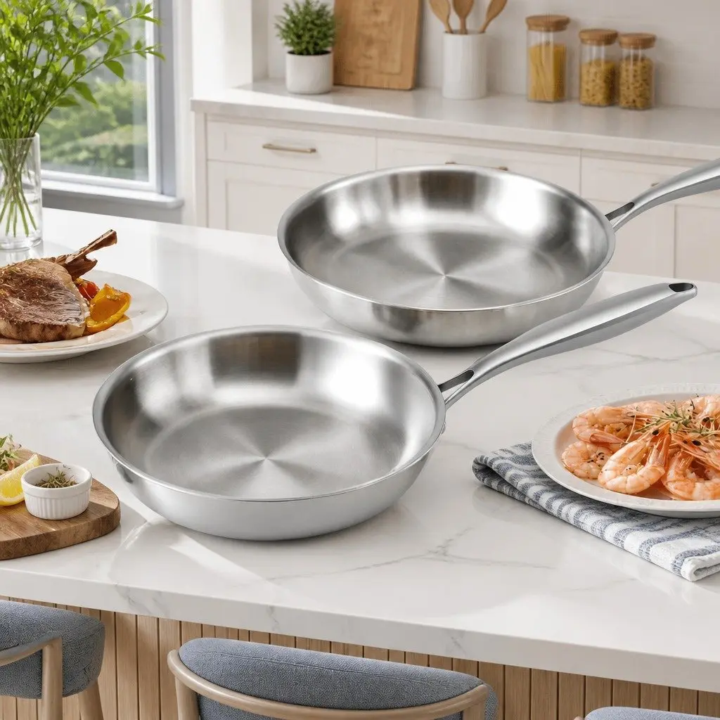 Frying Pan Set Uncoated Stainless Steel 25cm 30cm Tri-Ply Construction Silver