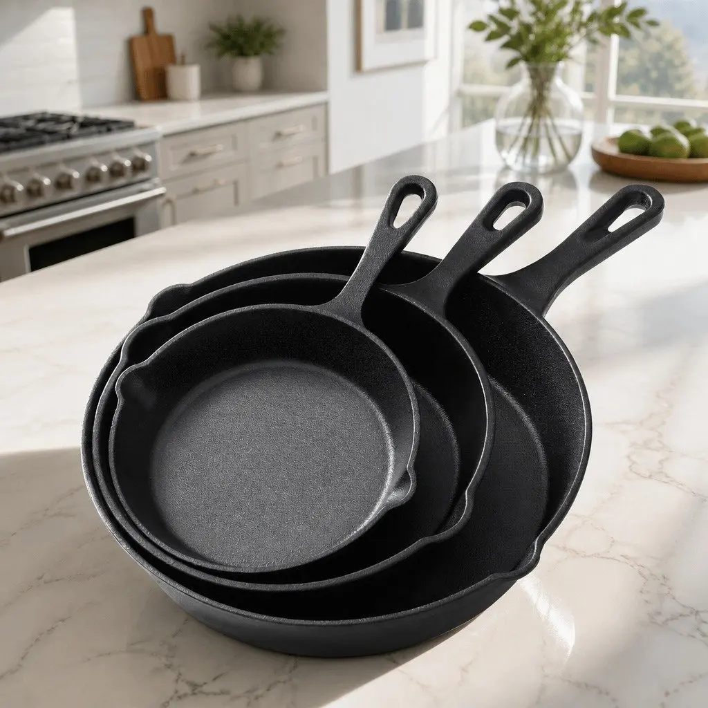 Cast Iron Frying Pan Set Non Stick 3 Piece Classic Construction