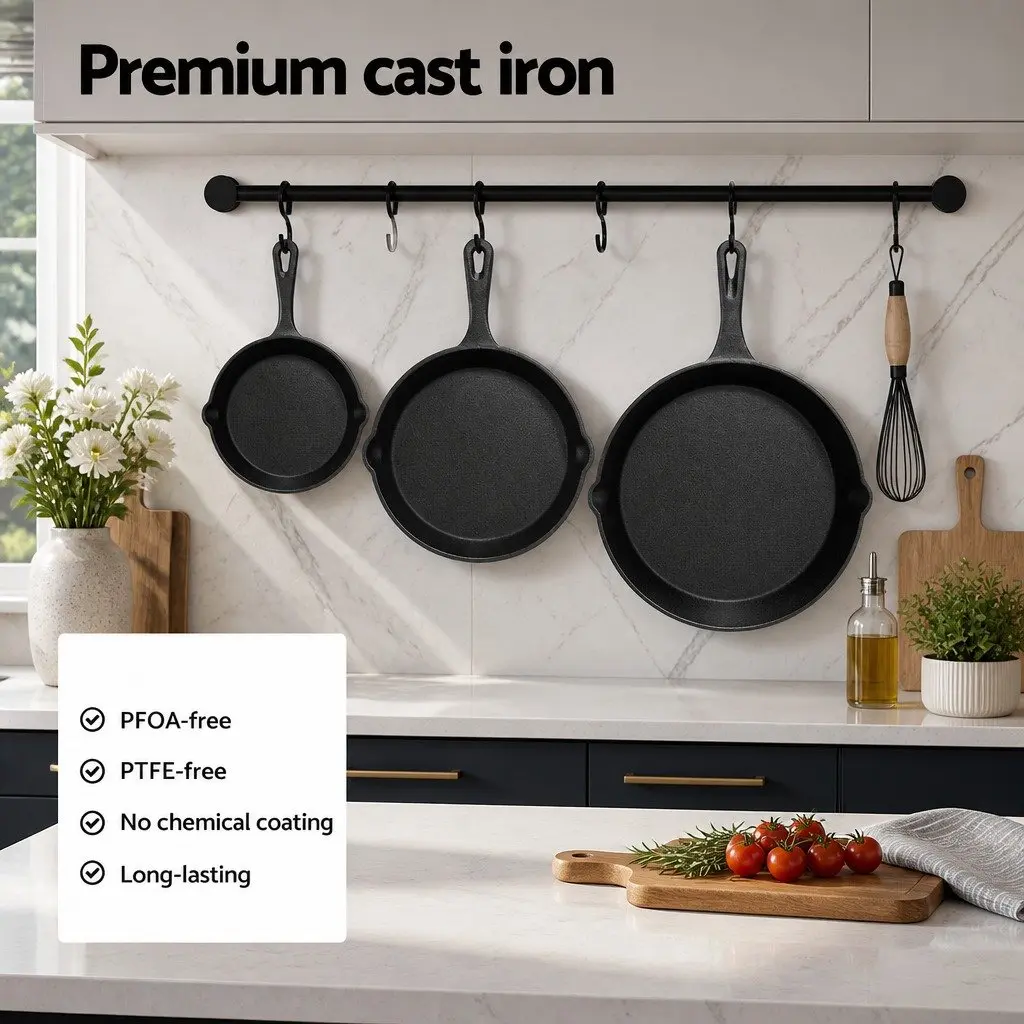 Cast Iron Frying Pan Set Non Stick 3 Piece Classic Construction
