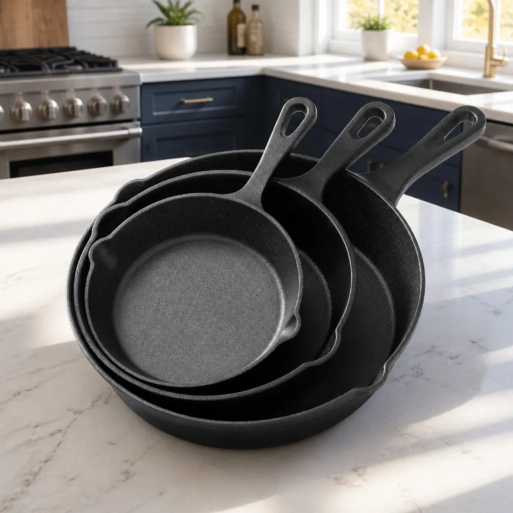 Cast Iron Frying Pan Set Non Stick 3 Piece Classic Construction