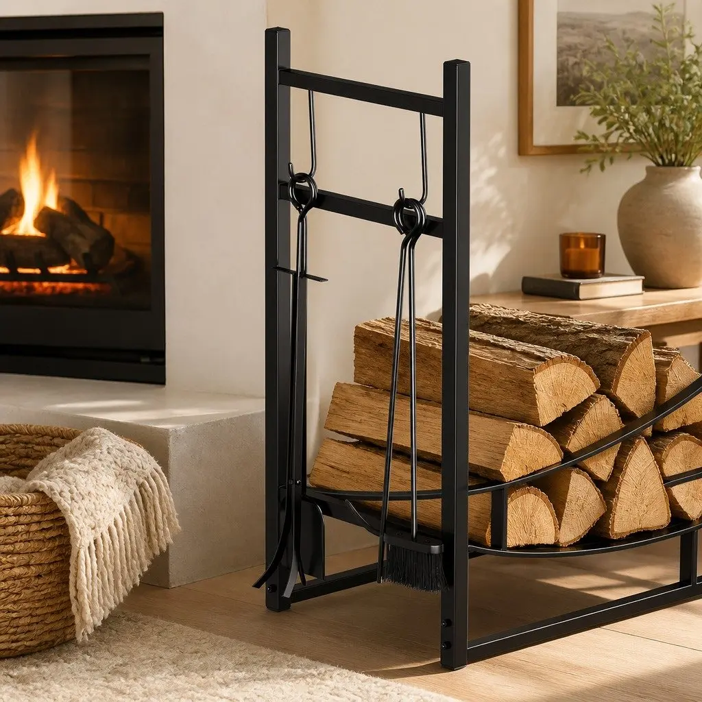 Firewood Rack Log Storage Holder with Fireplace Tools Set Heavy Duty Metal